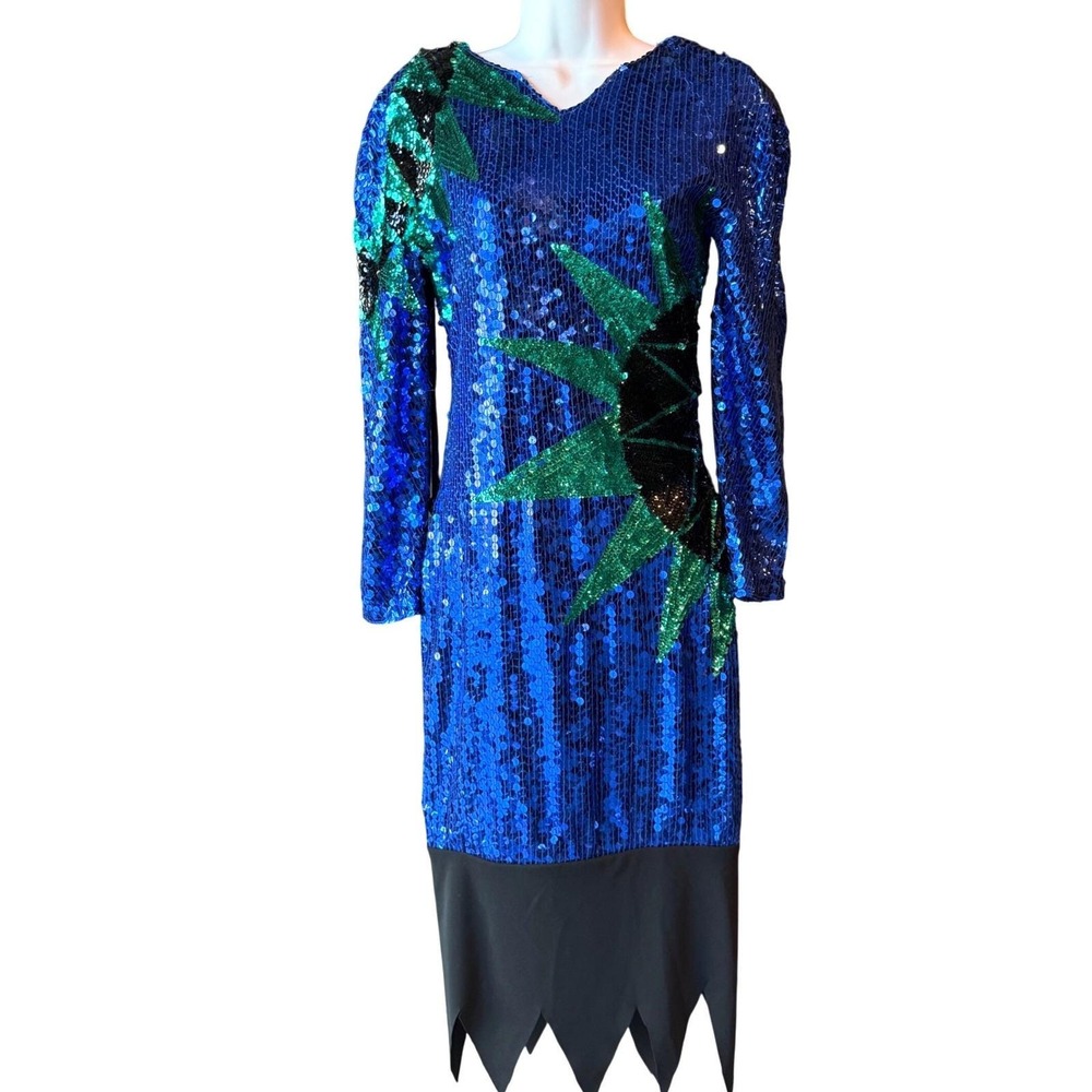 Nadine Boutique Hand Beaded Sequin Dress Size Small Blue Vintage Party Costume